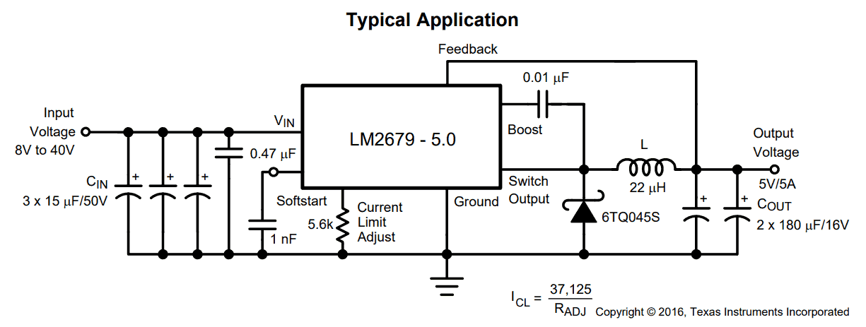 A buck converter step-down DC/DC switching regulator with adjustable current limit and output fixed to 5 V.