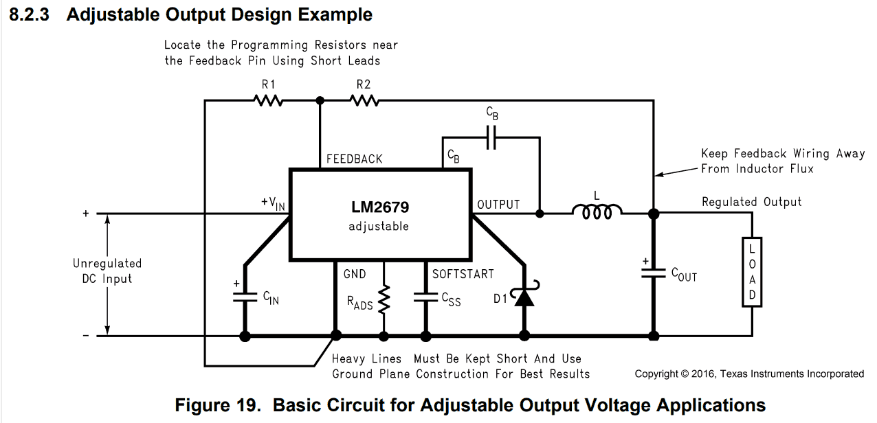 A buck converter step-down DC/DC switching regulator with adjustable current limit and adjustable output voltage.