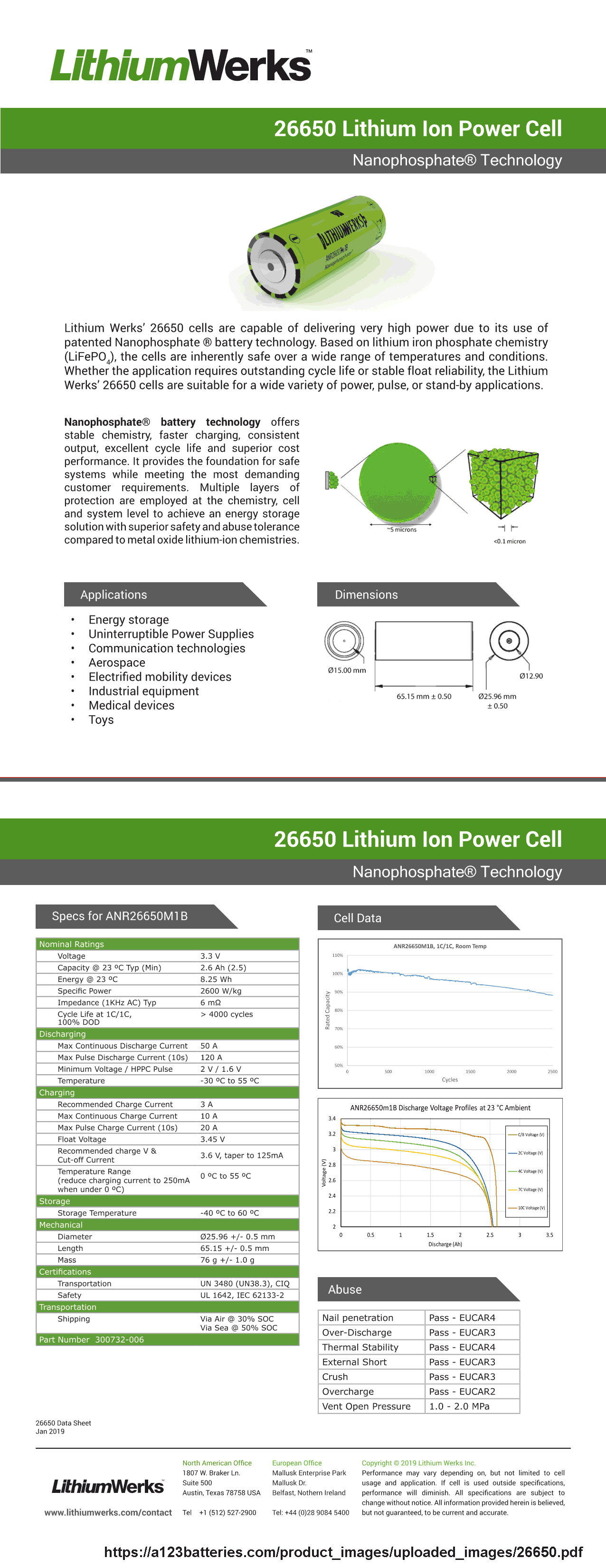 Lithium ion power cell based on lithium iron phosphate chemistry LiFePO4.